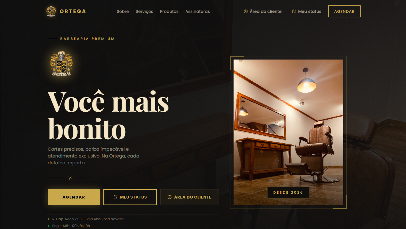 Home da Barbearia Ortega: brasão, chamada "Você mais bonito" e botões de agendamento.
