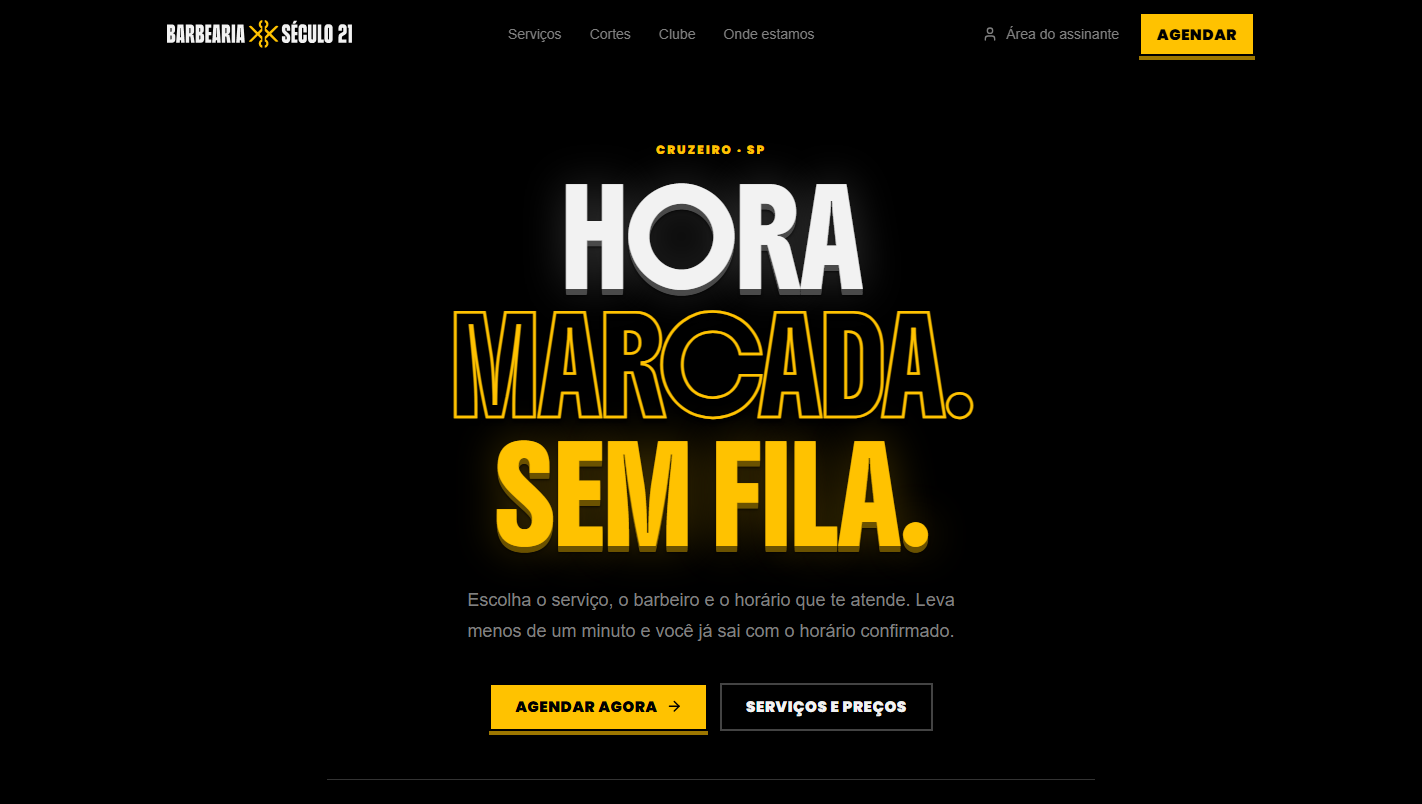 Home da Barbearia Século 21: chamada "Hora marcada. Sem fila." e botões de agendamento.